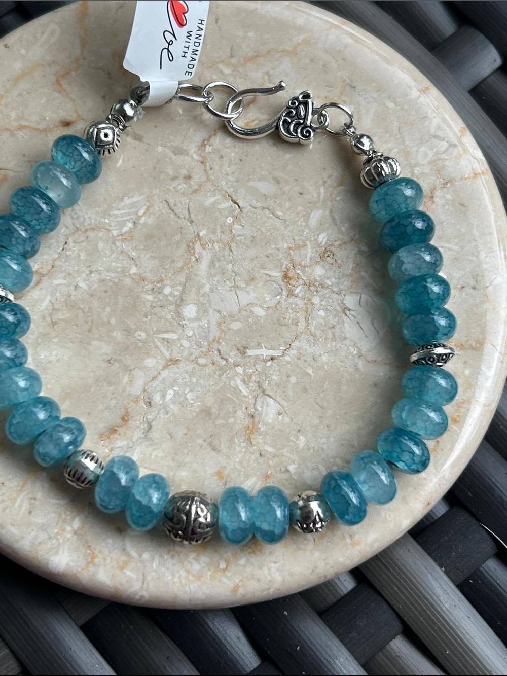 Handmade Blue Beaded Bracelet with Silver Accents
